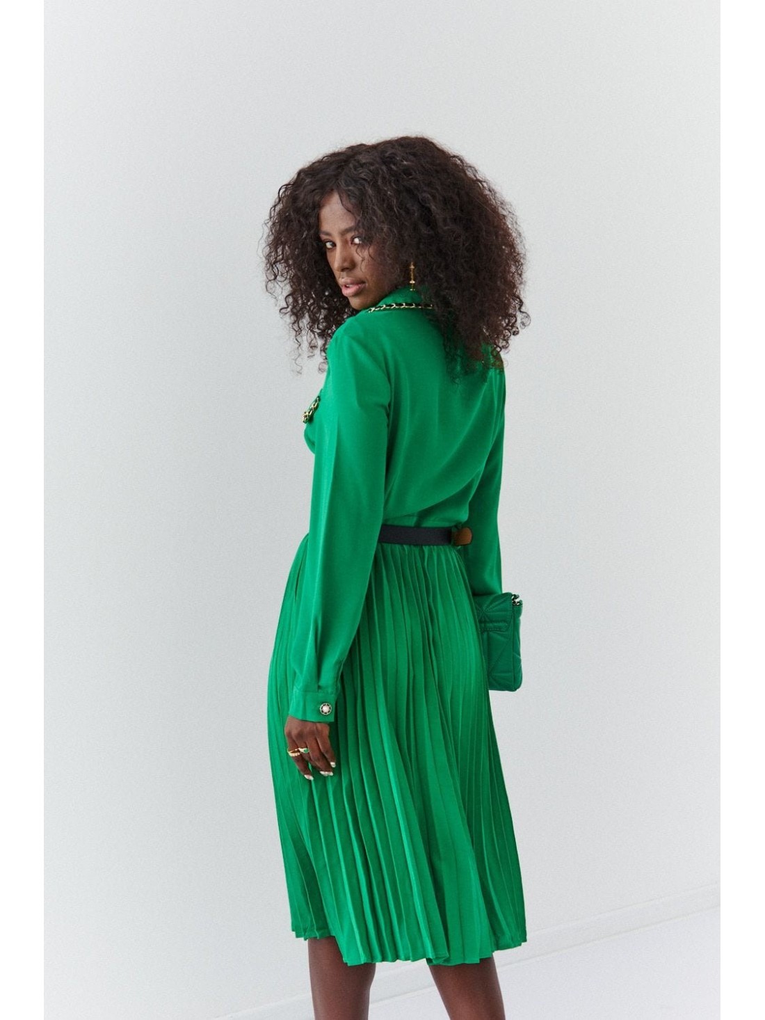 Shirt dress with pleated bottom, green 6783 - Online store - Boutique